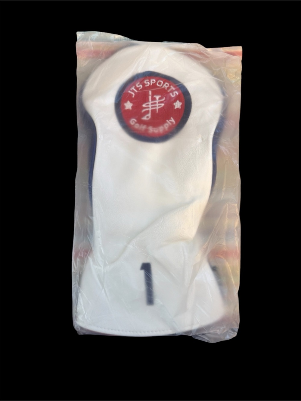 JTS Sports White Golf Driver Headcover with Navy Trim and back.